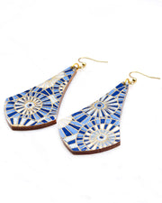 Large wooden long anchor earrings featuring overlapping blue and white parasols with metallic gold details