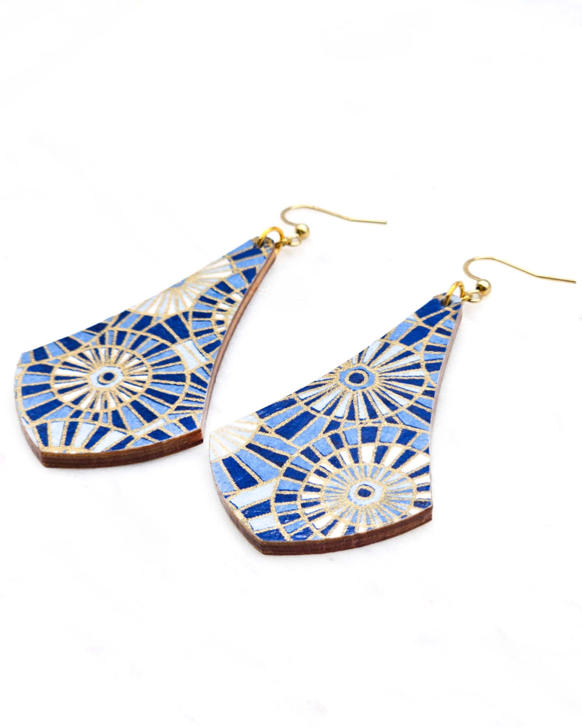 Large wooden long anchor earrings featuring overlapping blue and white parasols with metallic gold details