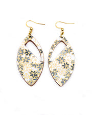 Medium wooden cutout pointed oval shaped earrings featuring small gray and white momiji (maple leaves) on a light gray background with metallic gold details.