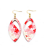 Medium wooden cutout pointed oval shaped earrings featuring pink and white cherry blossoms with metallic gold details