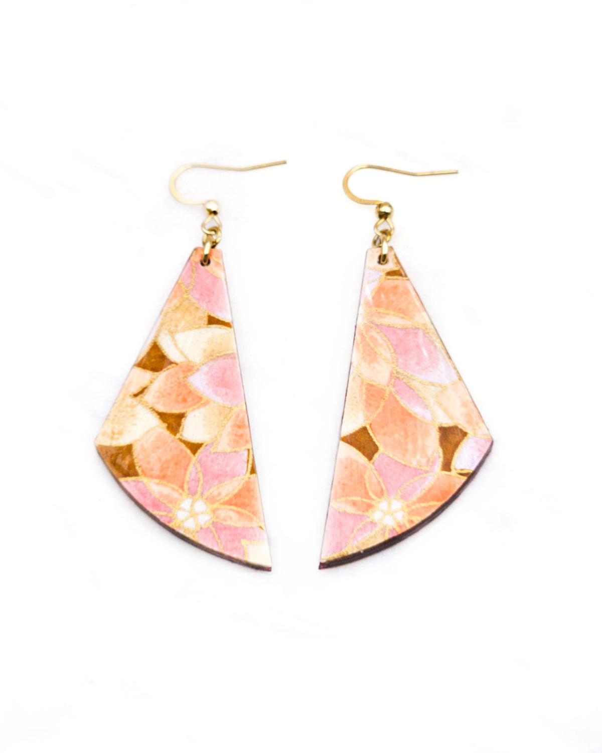 Medium wooden flared drop shaped earrings featuring orange and brown lotuses on a brown background with metallic gold details.