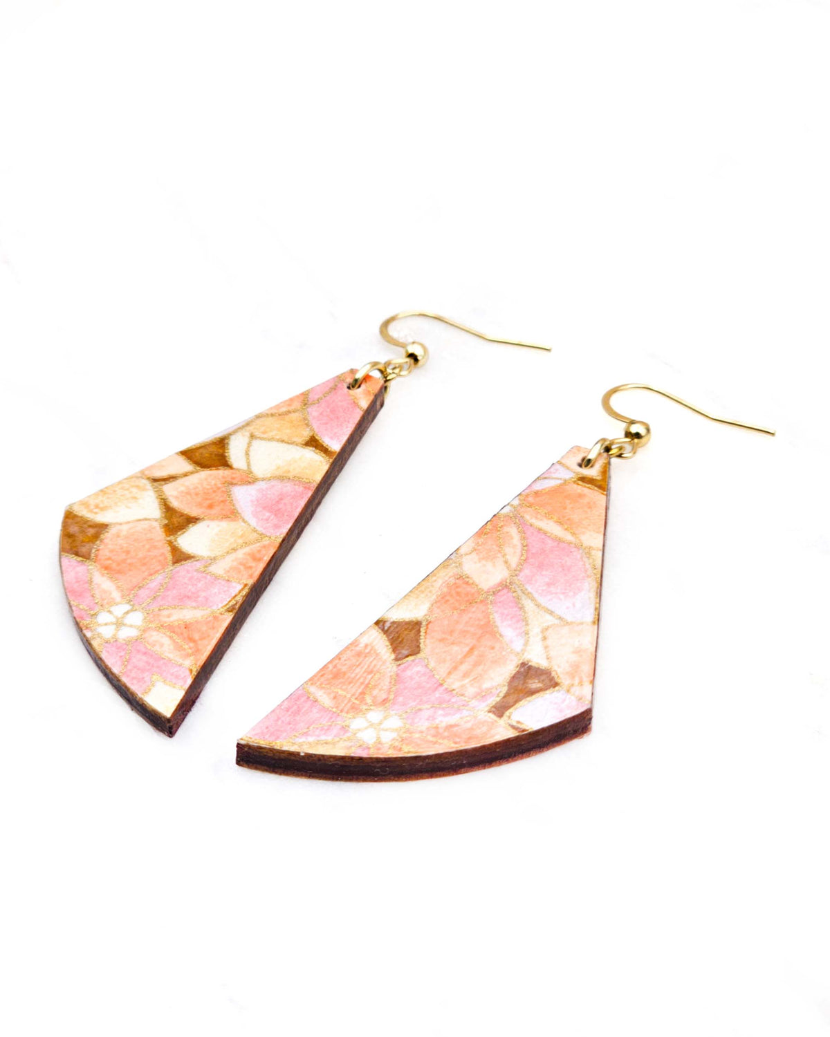 Medium wooden flared drop shaped earrings featuring orange and brown lotuses on a brown background with metallic gold details.