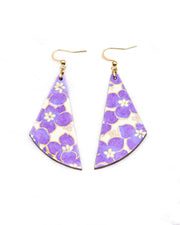 Medium wooden flared drop shaped earrings featuring purple cherry blossoms on a cream background metallic gold details.