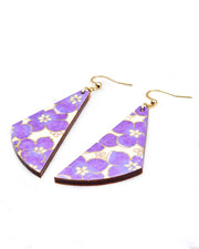 Medium wooden flared drop shaped earrings featuring purple cherry blossoms on a cream background metallic gold details.