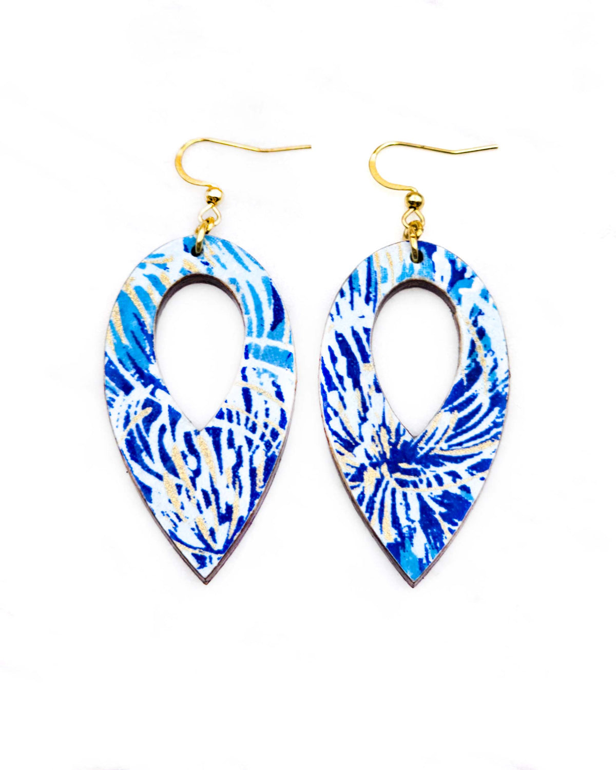 Medium wooden hollow reverse teardrop shaped earrings featuring blue chrysanthemums on a dark blue background with metallic gold details