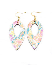 Medium wooden hollow reverse teardrop shaped earrings featuring purple, pink, and yellow flower stalks on a light blue background with metallic gold details