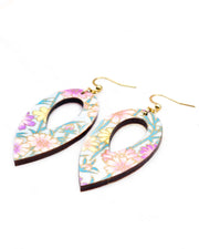 Medium wooden hollow reverse teardrop shaped earrings featuring purple, pink, and yellow flower stalks on a light blue background with metallic gold details