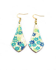 Medium wooden long anchor shaped earrings featuring small green and white momiji (maple leaves) on a light green background with metallic gold details.