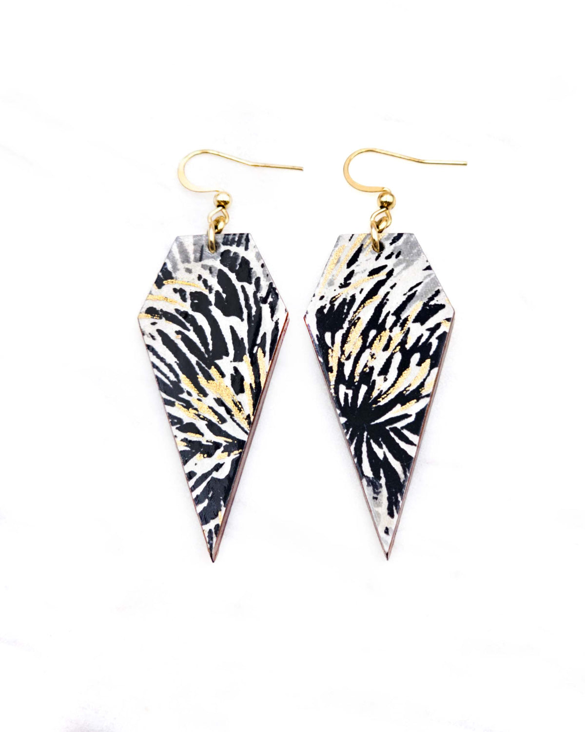 Medium wooden long diamond shaped earrings featuring large black and gray chrysanthemums on a black background with metallic gold details.