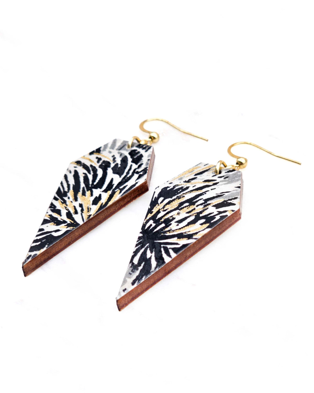 Medium wooden long diamond shaped earrings featuring large black and gray chrysanthemums on a black background with metallic gold details.