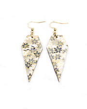 Medium wooden long diamond shaped earrings featuring small gray and white momiji (maple leaves) on a light gray background with metallic gold details.