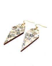 Medium wooden long diamond shaped earrings featuring small gray and white momiji (maple leaves) on a light gray background with metallic gold details.