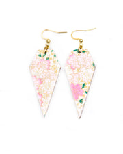Medium wooden long diamond shaped earrings featuring light pink cherry blossoms a light cream background with metallic gold details.