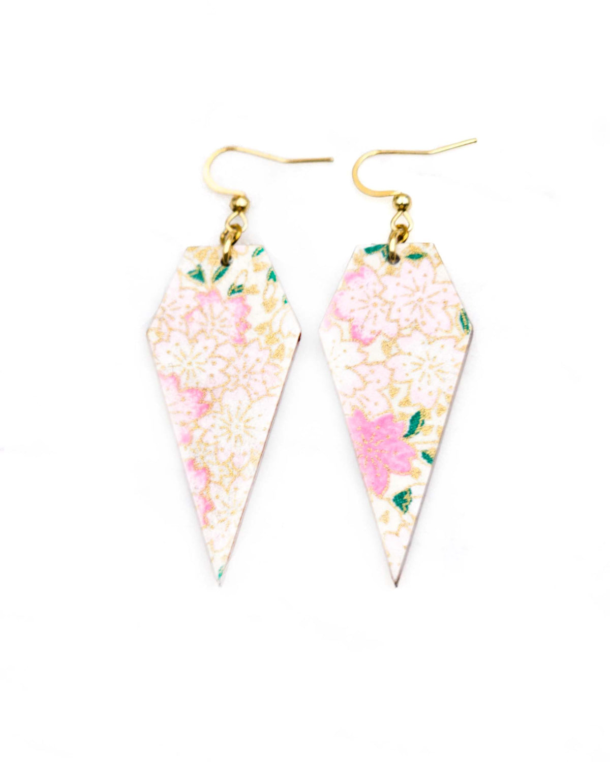 Medium wooden long diamond shaped earrings featuring light pink cherry blossoms a light cream background with metallic gold details.