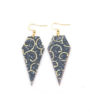 Medium wooden long diamond shaped earrings featuring a metallic gold traditional karakusa design on a black background with silver glitter.