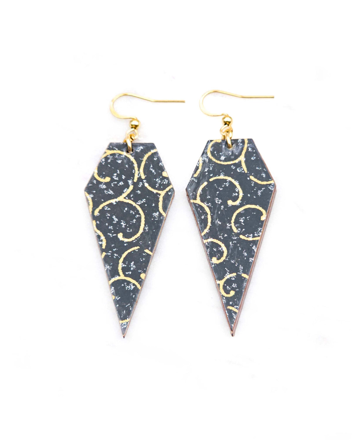Medium wooden long diamond shaped earrings featuring a metallic gold traditional karakusa design on a black background with silver glitter.