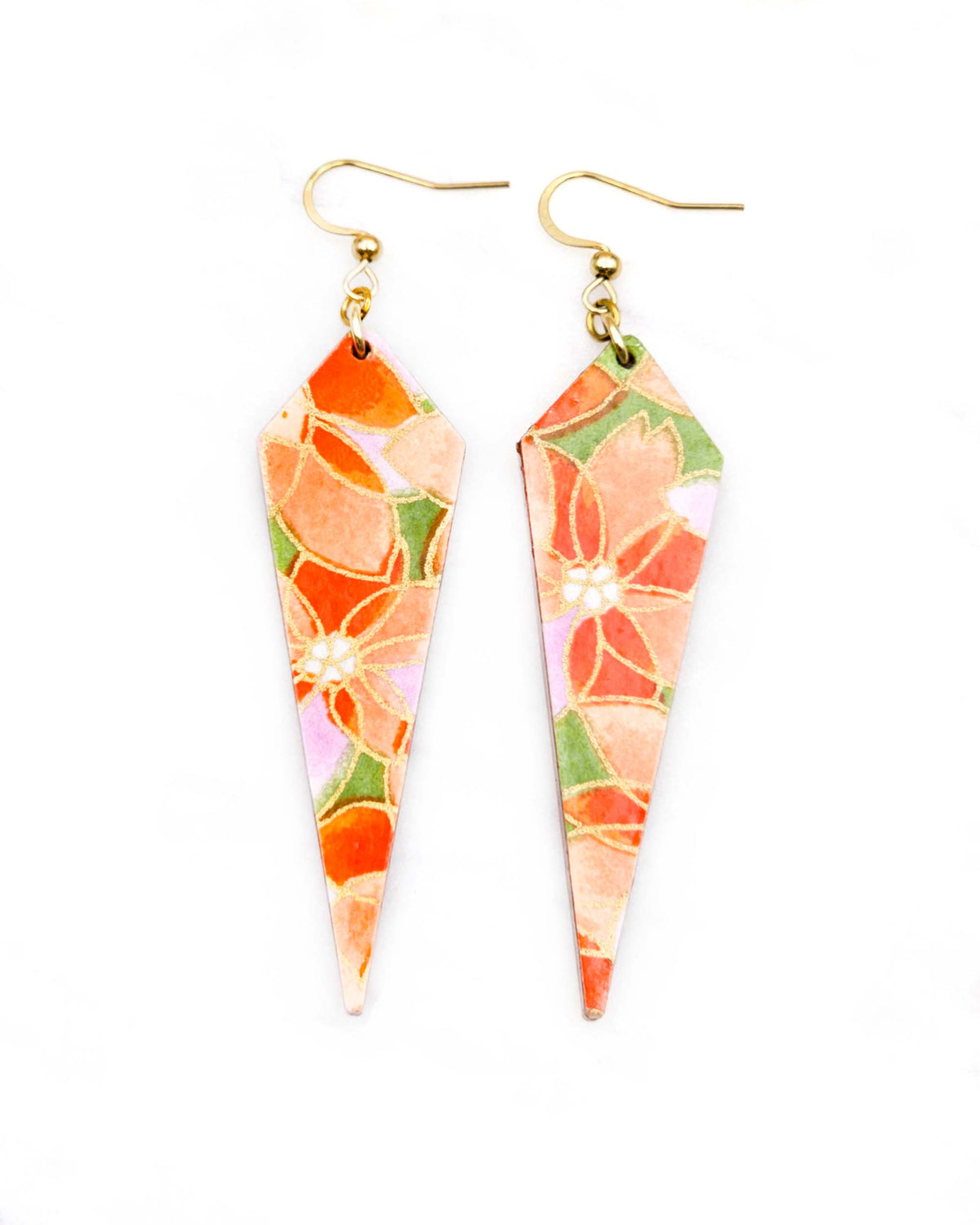 Medium wooden long kite shaped earrings featuring orange and purple lotuses on a green background with metallic gold details.