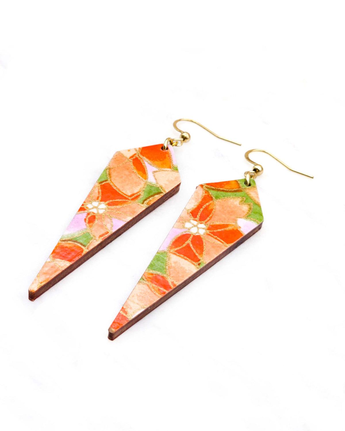 Medium wooden long kite shaped earrings featuring orange and purple lotuses on a green background with metallic gold details.