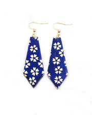 Medium wooden pointed tapered bar shaped earrings featuring metallic gold cherry blossoms on a dark blue background.