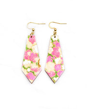 Medium wooden pointed tapered bar shaped earrings featuring pink and beige plum blossoms on a green background with metallic gold details.