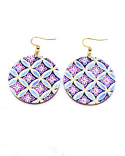 Medium wooden circle shaped earrings featuring a blue shippo design with purple hanabishi in the center with metallic gold details.