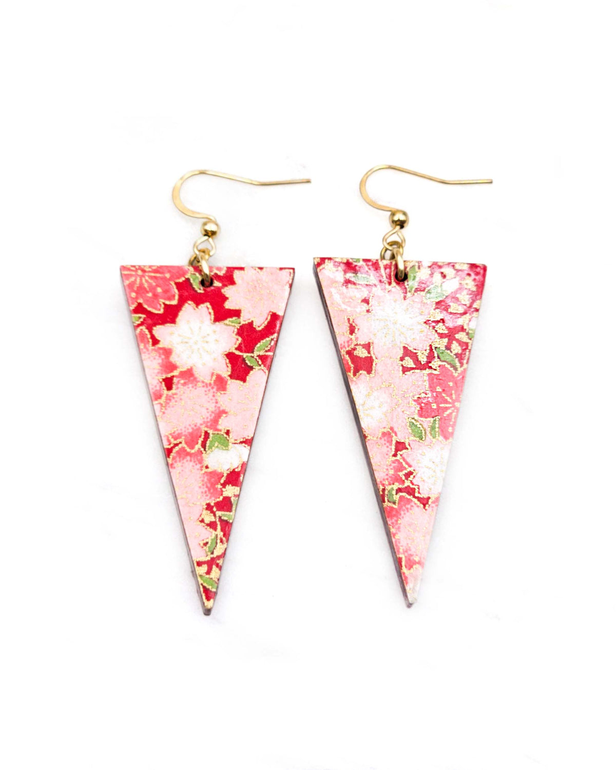 Medium wooden downward triangle shaped earrings featuring red and white cherry blossoms on a red background with metallic gold details.