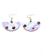 Medium wooden half circle shaped earrings featuring ladybugs on a purple and blue background with metallic gold details.