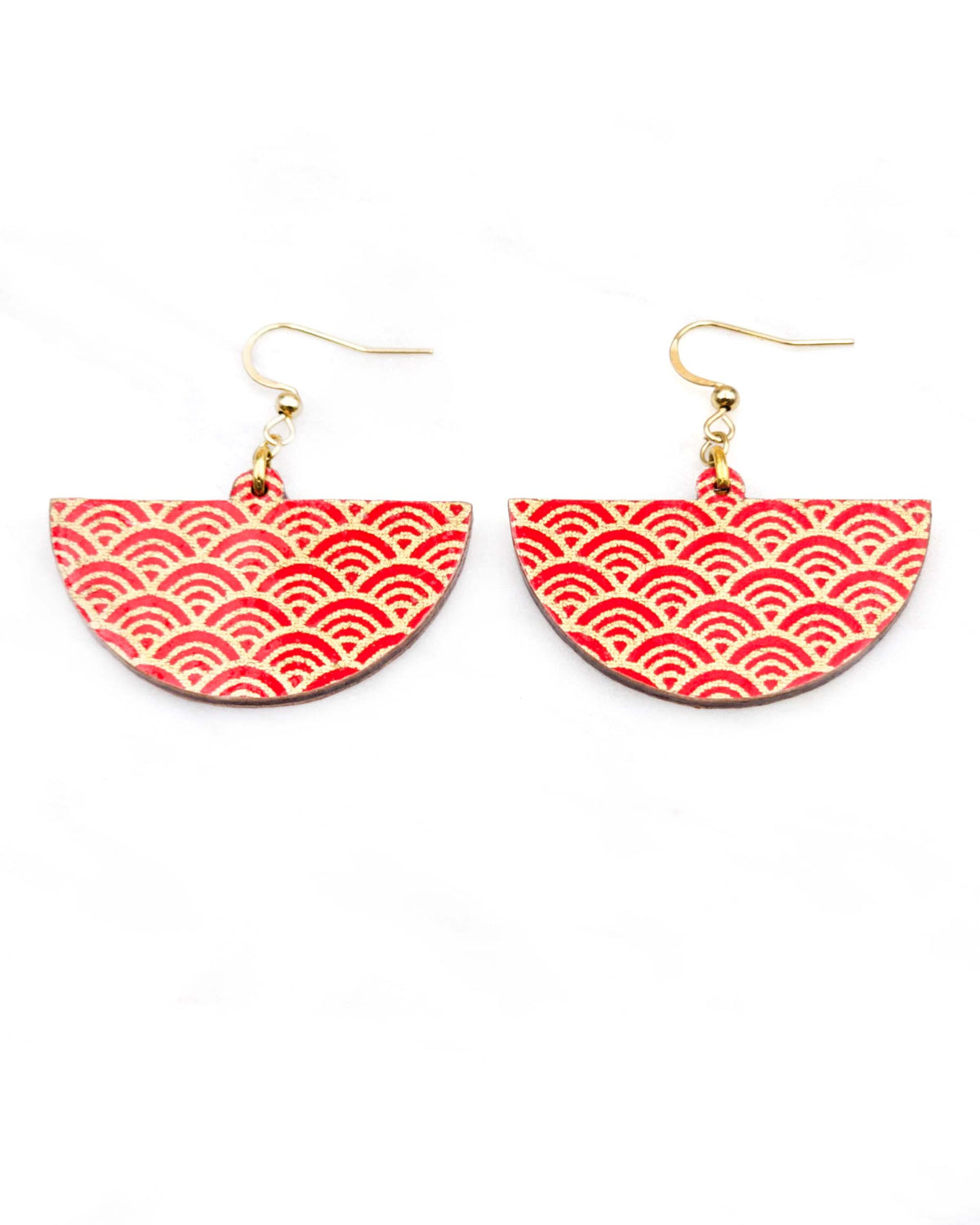 Medium wooden half circle shaped earrings featuring a traditional red and metallic gold seigaiha (wave crests) pattern