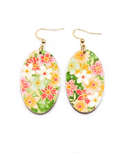 Medium wooden oval shaped earrings featuring assorted green, white, pink, and orange flowers on a green background with metallic gold details.