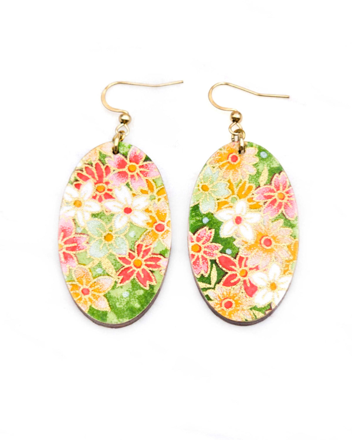 Medium wooden oval shaped earrings featuring assorted green, white, pink, and orange flowers on a green background with metallic gold details.