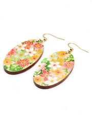 Medium wooden oval shaped earrings featuring assorted green, white, pink, and orange flowers on a green background with metallic gold details.