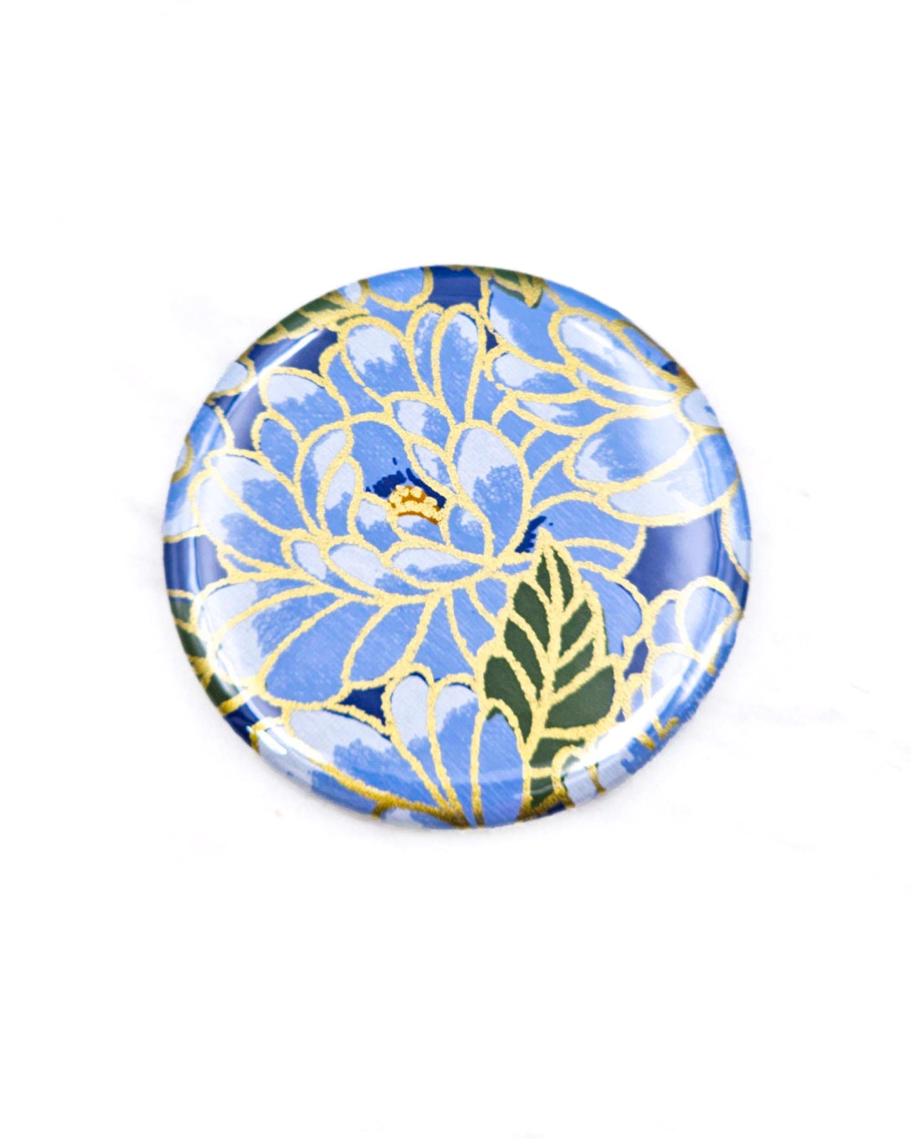 Round pocket mirror featuring a blue chrysanthemum flower with metallic gold accents.