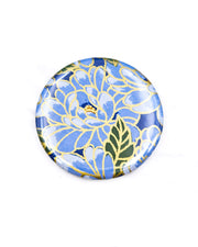 Round pocket mirror featuring a blue chrysanthemum flower with metallic gold accents.
