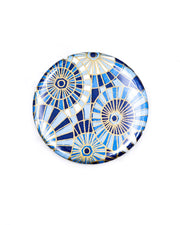Round pocket mirror featuring blue and white abstract parasols with metallic gold accents.