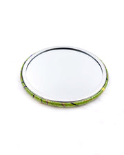 Round pocket mirror featuring small butterflies on a green background with metallic gold accents.