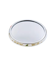Round pocket mirror featuring a cute red, green, and white dragon on a white background with metallic gold accents.