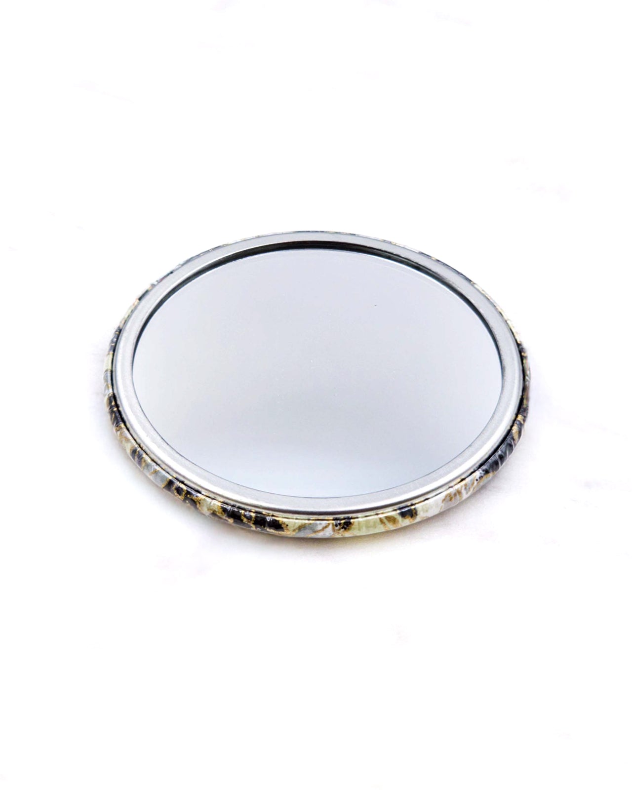 Round pocket mirror featuring gray and white cherry blossoms and other flowers on a gray and white background with metallic gold accents.