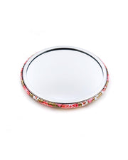 Round pocket mirror featuring pink plum blossoms on a metallic gold background.
