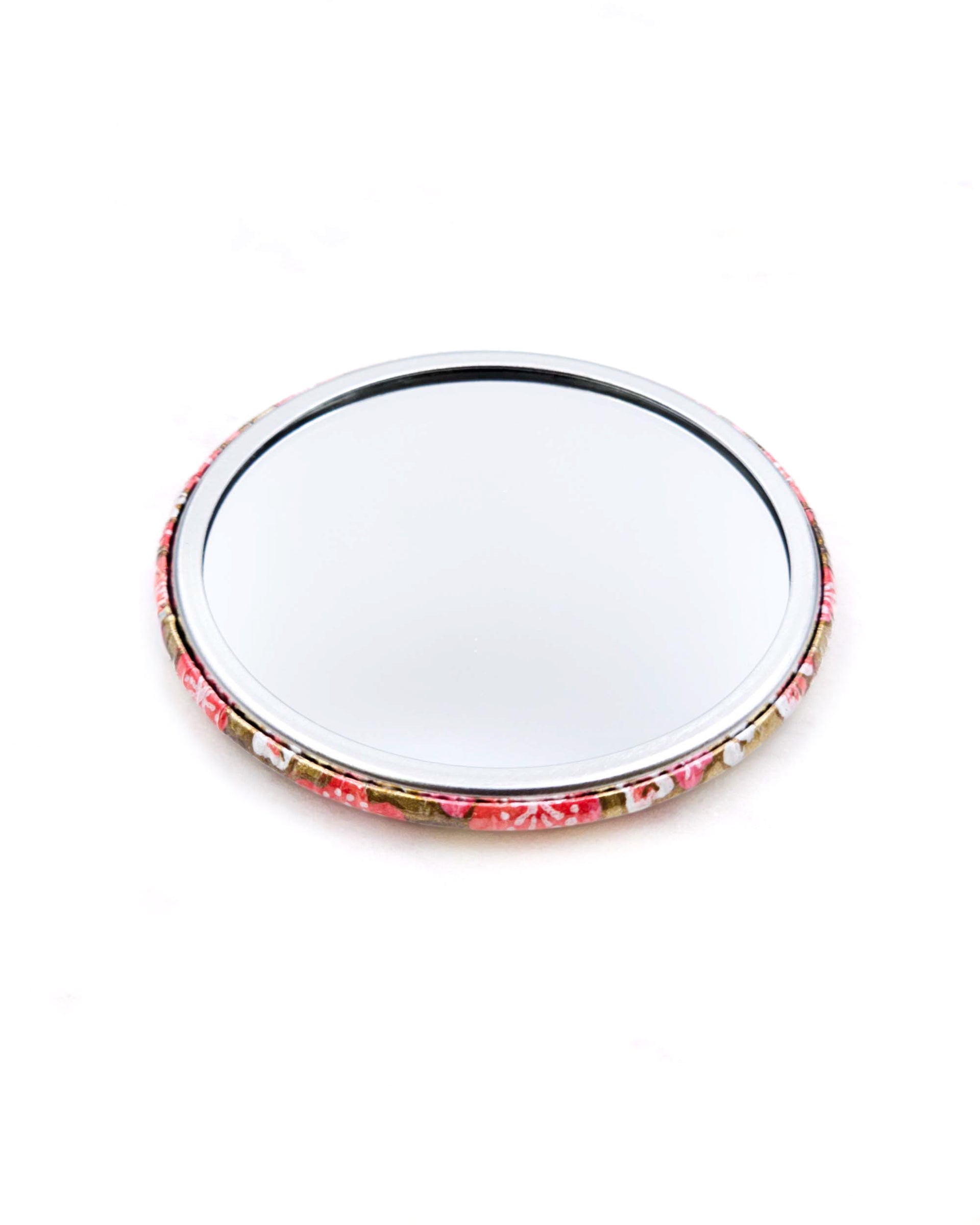 Round pocket mirror featuring pink plum blossoms on a metallic gold background.