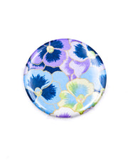 Round pocket mirror featuring purple, blue, and green pansies with metallic gold accents.