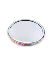 Round pocket mirror featuring yellow flower stalks on a light blue background with metallic gold accents.