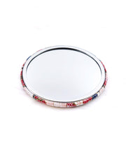 Round pocket mirror featuring a red plum blossom tree on a dark blue background with metallic gold accents.