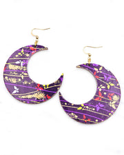 X-Large wooden Crescent Moon shaped earrings featuring colorful butterflies with purple, yellow, and gold lines on a dark purple background with metallic gold details.