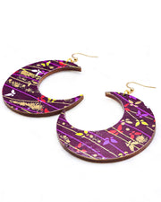 X-Large wooden Crescent Moon shaped earrings featuring colorful butterflies with purple, yellow, and gold lines on a dark purple background with metallic gold details.