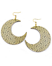 X-Large wooden Crescent Moon shaped earrings featuring a black sayagata design on a metallic gold background.
