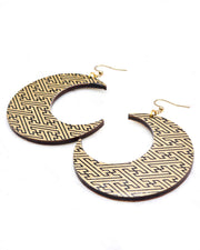X-Large wooden Crescent Moon shaped earrings featuring a black sayagata design on a metallic gold background.