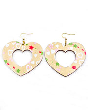 X-Large wooden hollow heart shaped earrings featuring white hearts, small red and green flowers, and pink cherry blossoms on a metallic gold background