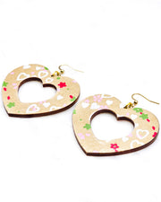X-Large wooden hollow heart shaped earrings featuring white hearts, small red and green flowers, and pink cherry blossoms on a metallic gold background