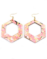 X-Large wooden hollow hexagon shaped earrings featuring pink and white plum blossoms with dark brown branches on a metallic gold background.