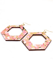X-Large wooden hollow hexagon shaped earrings featuring pink and white plum blossoms with dark brown branches on a metallic gold background.